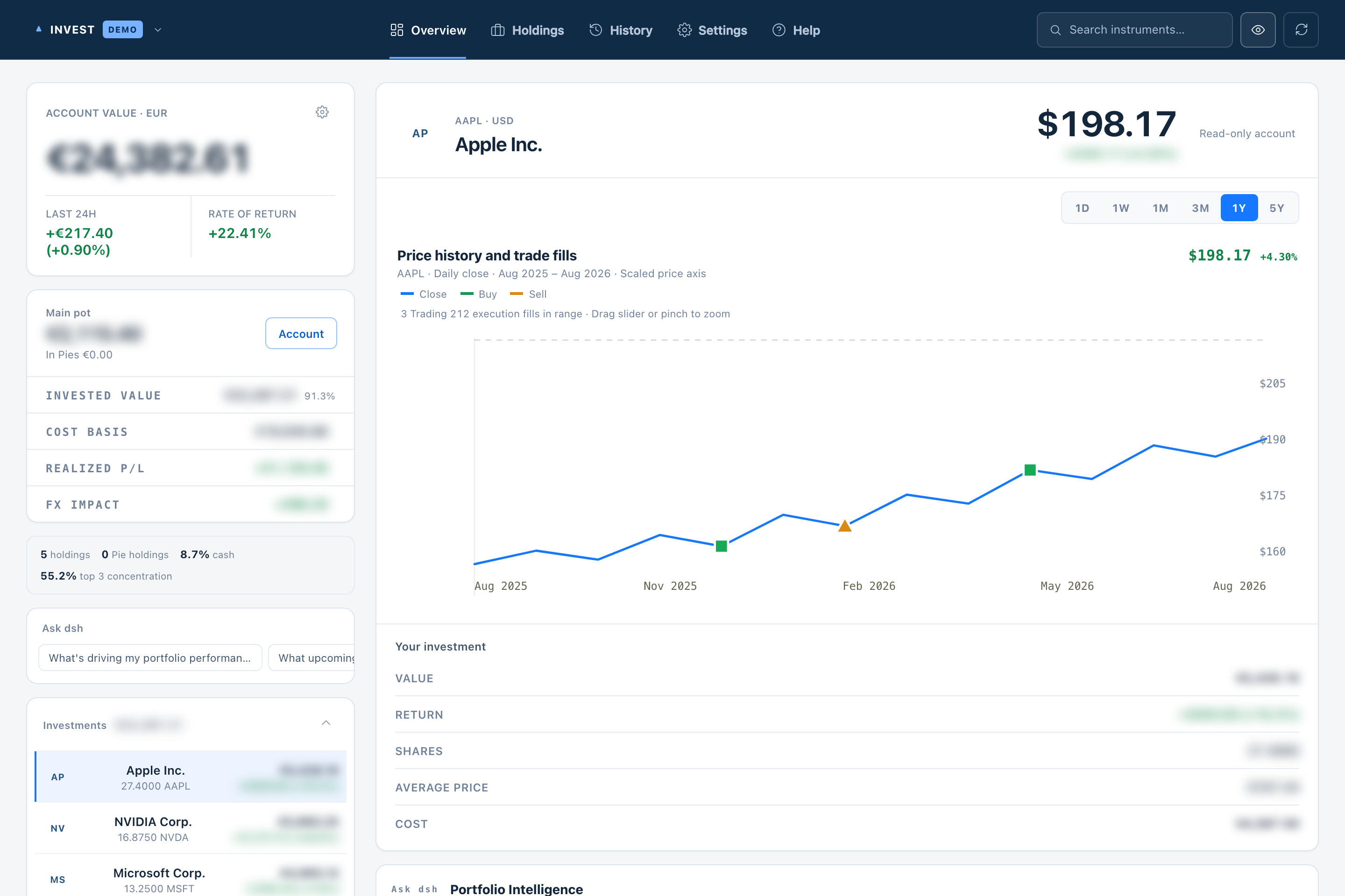 One-click privacy masking mode obscuring all balances and sensitive returns