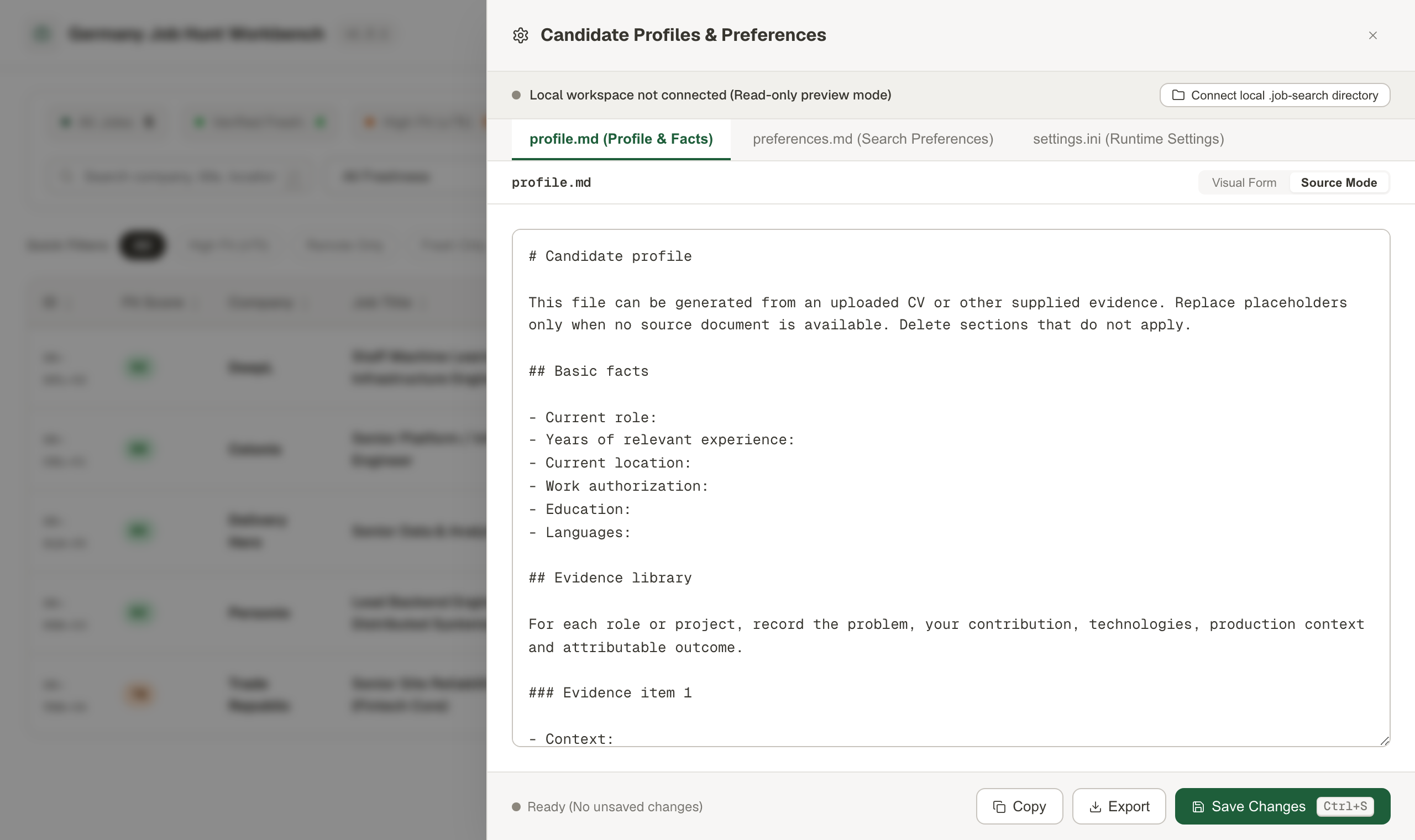 Workbench drawer for candidate profile and search configuration
