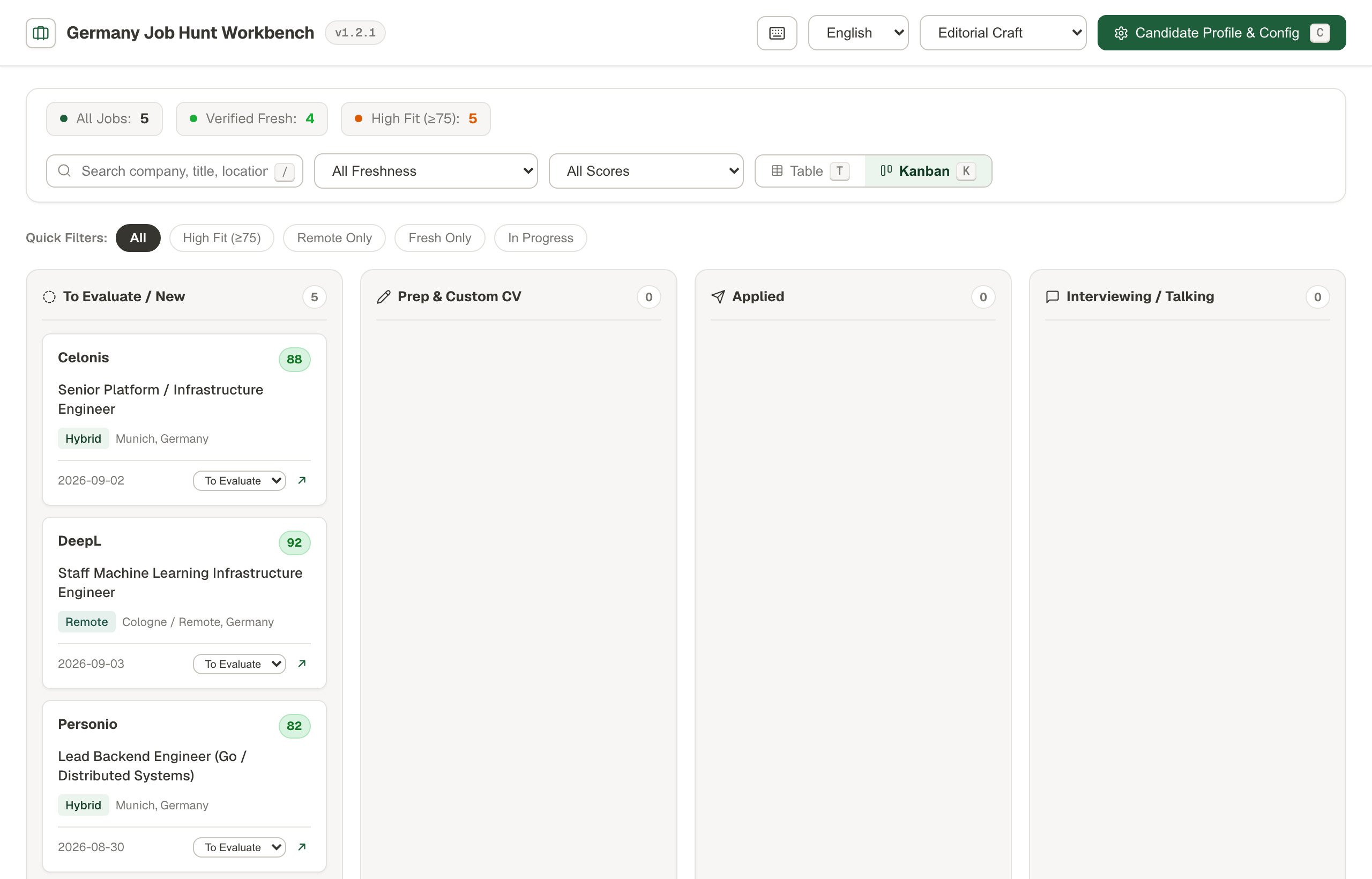 Kanban board tracking application pipeline across To Apply, Applied, and Interview stages